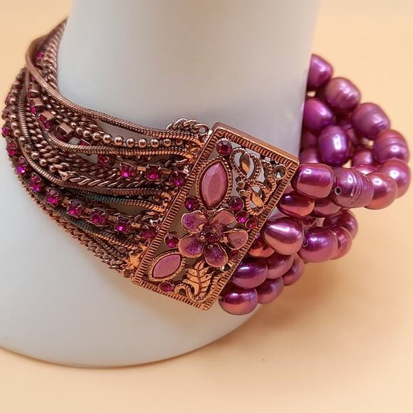 Pink Dyed Pearl Rhinestone Bracelet, Rose Gold Tone Chains, Pink Rhinestones, 7" - Picture 8 of 10